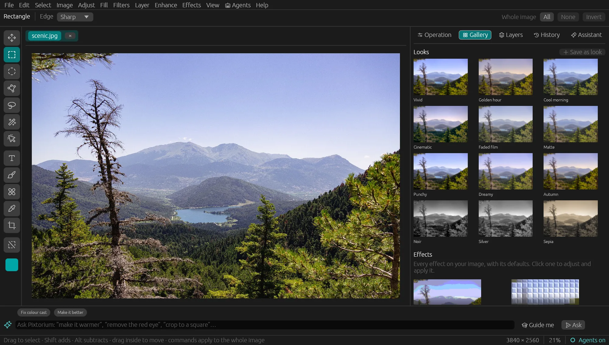 Pixtorium with a mountain landscape open and the Looks gallery showing the photo in a dozen styles: Vivid, Golden hour, Cinematic, Noir and more.